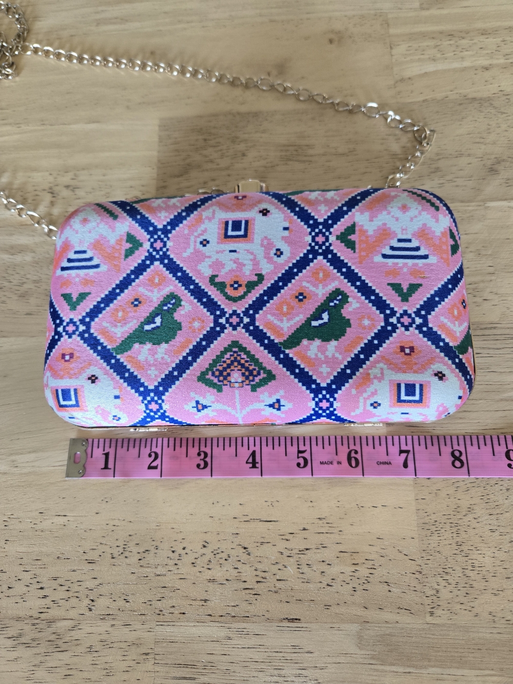 Boho Ethnic Geometric Print Elephant Hard Box Clutch Minaudière Crossbody - Picture 7 of 10